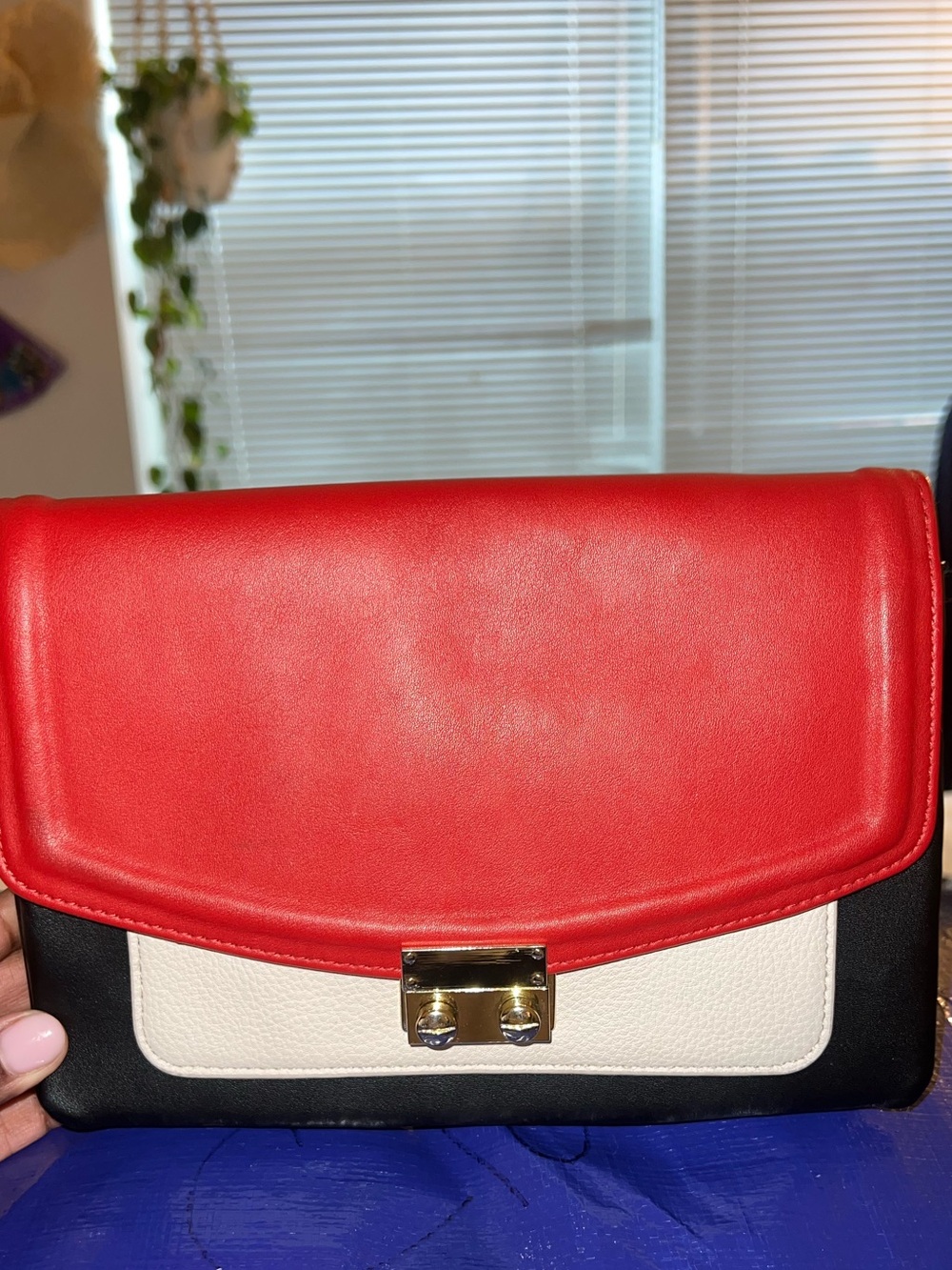 Express Red, Black & White Colorblock Clutch with Gold Lock